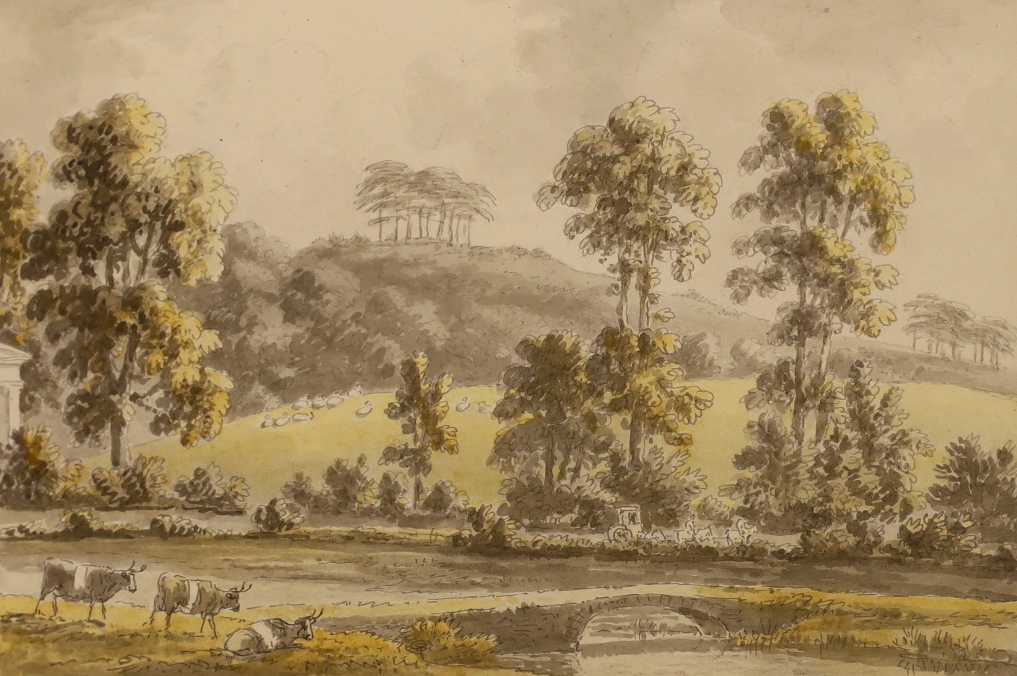 Late 18th/early 19th century ink and watercolour on paper, river landscape with cattle, mounted, unframed, 21cm x 14cm